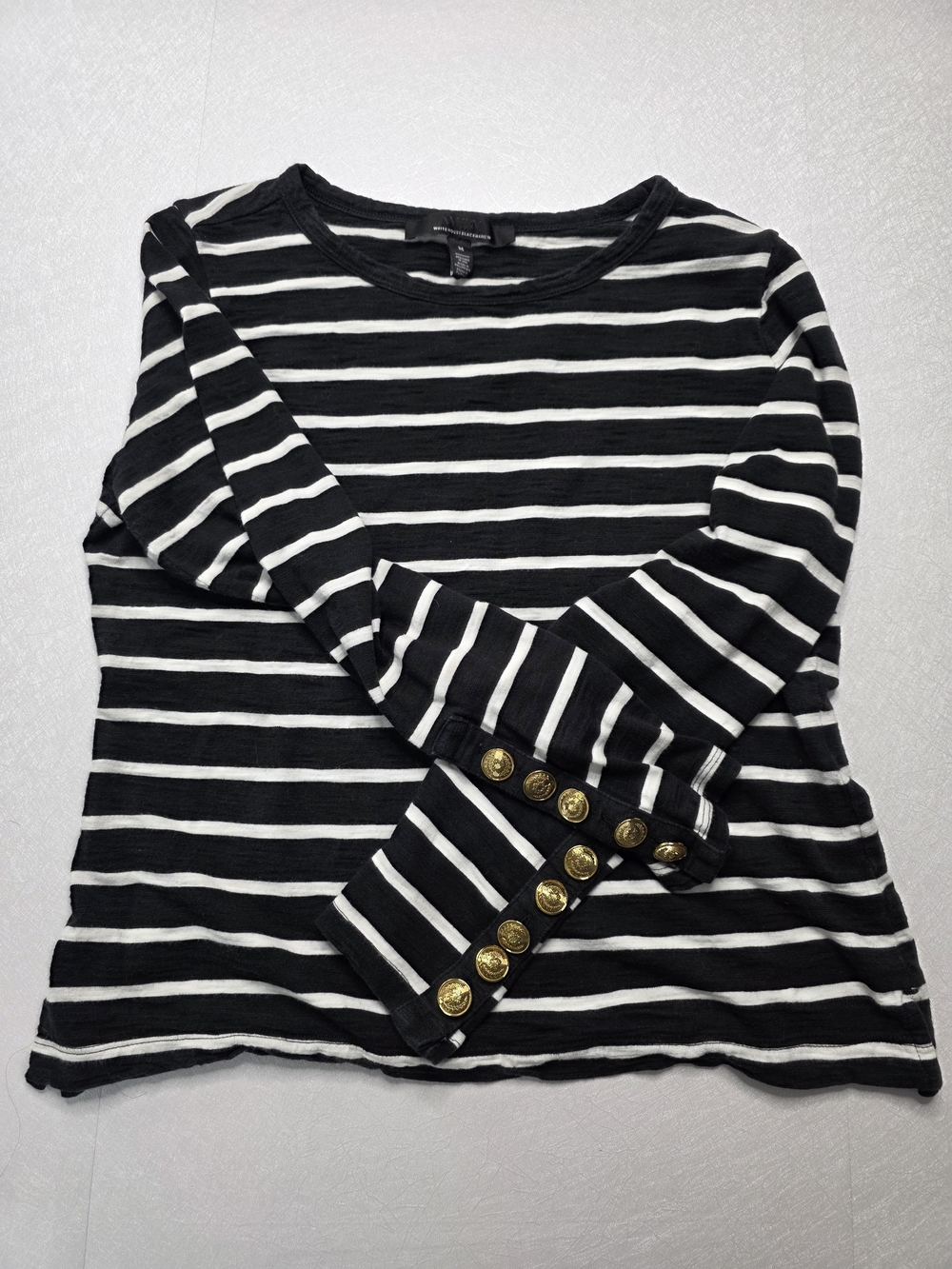 White House Black Market Long Sleeve Crewneck, Black/White Striped, Size M